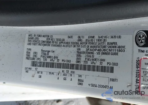 2012 Ford Fiesta Se z USA, uszkodzony, nr VIN 3FADP4BJ8CM111803